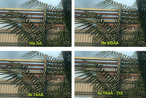 Image shown without anti-aliasing, with 8x MSAA, and with TXAA. Image shown without anti-aliasing, with 8x MSAA, and with TXAA.